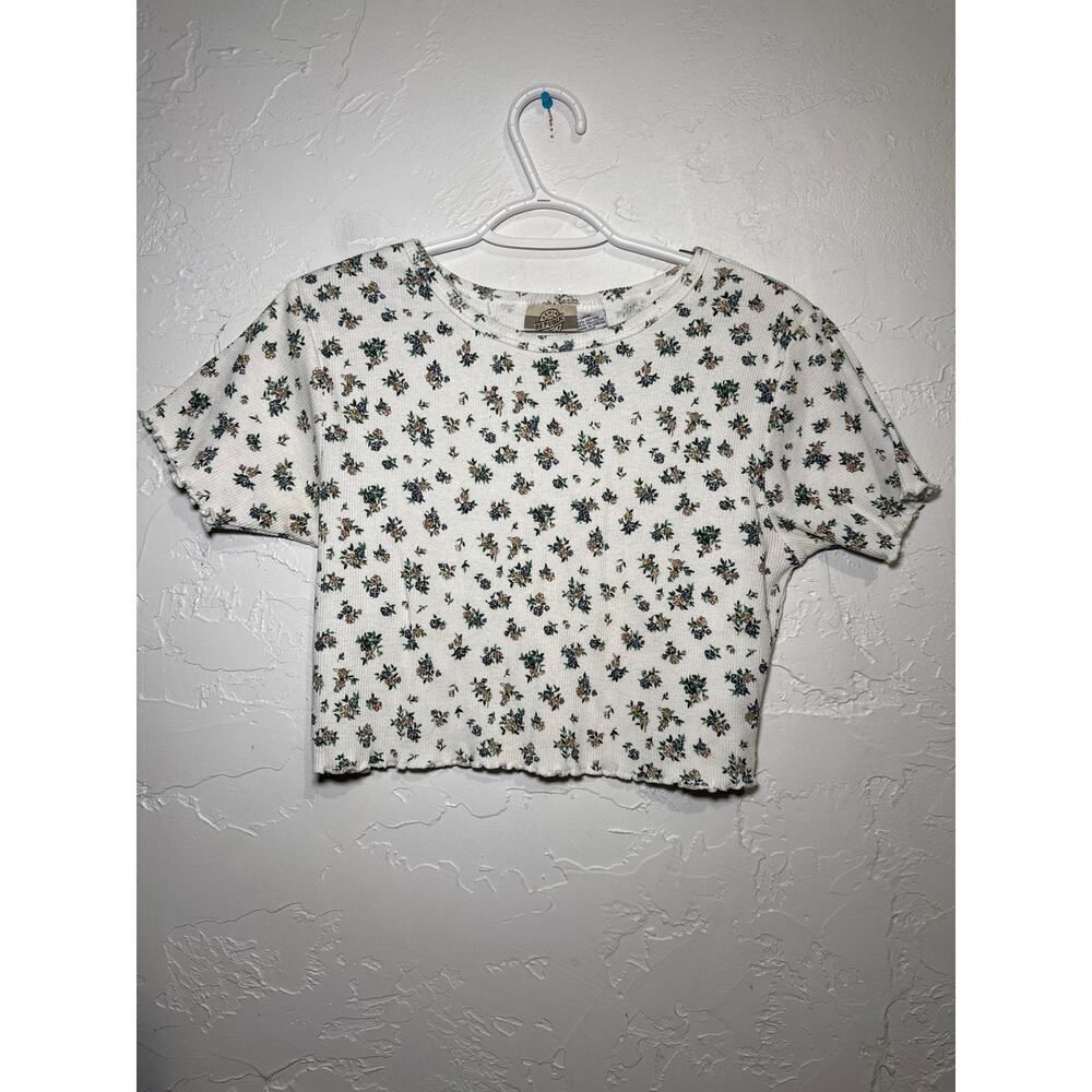 Republic Denim floral‎ scalloped trim cropped ribbed t shirt womens large y2k
